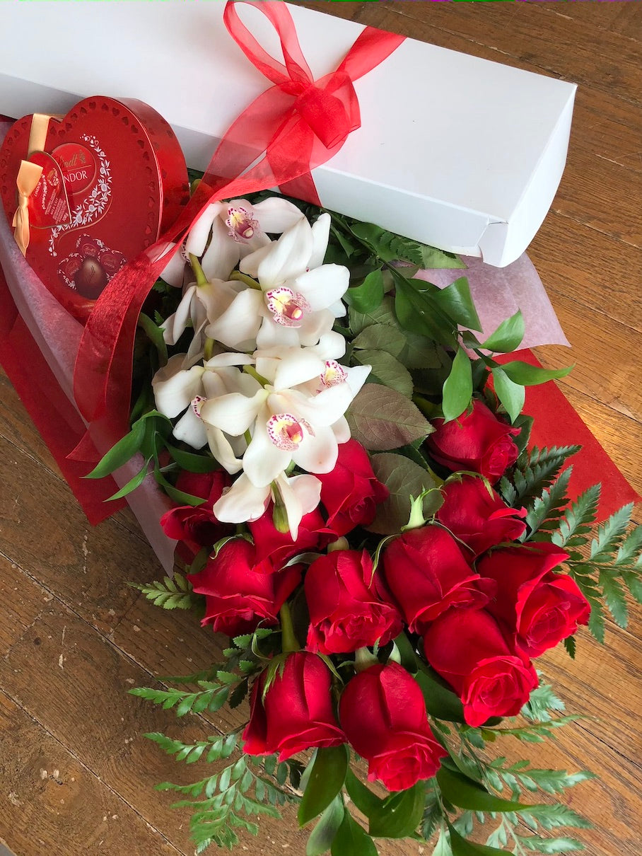 Boxed Roses with Orchids